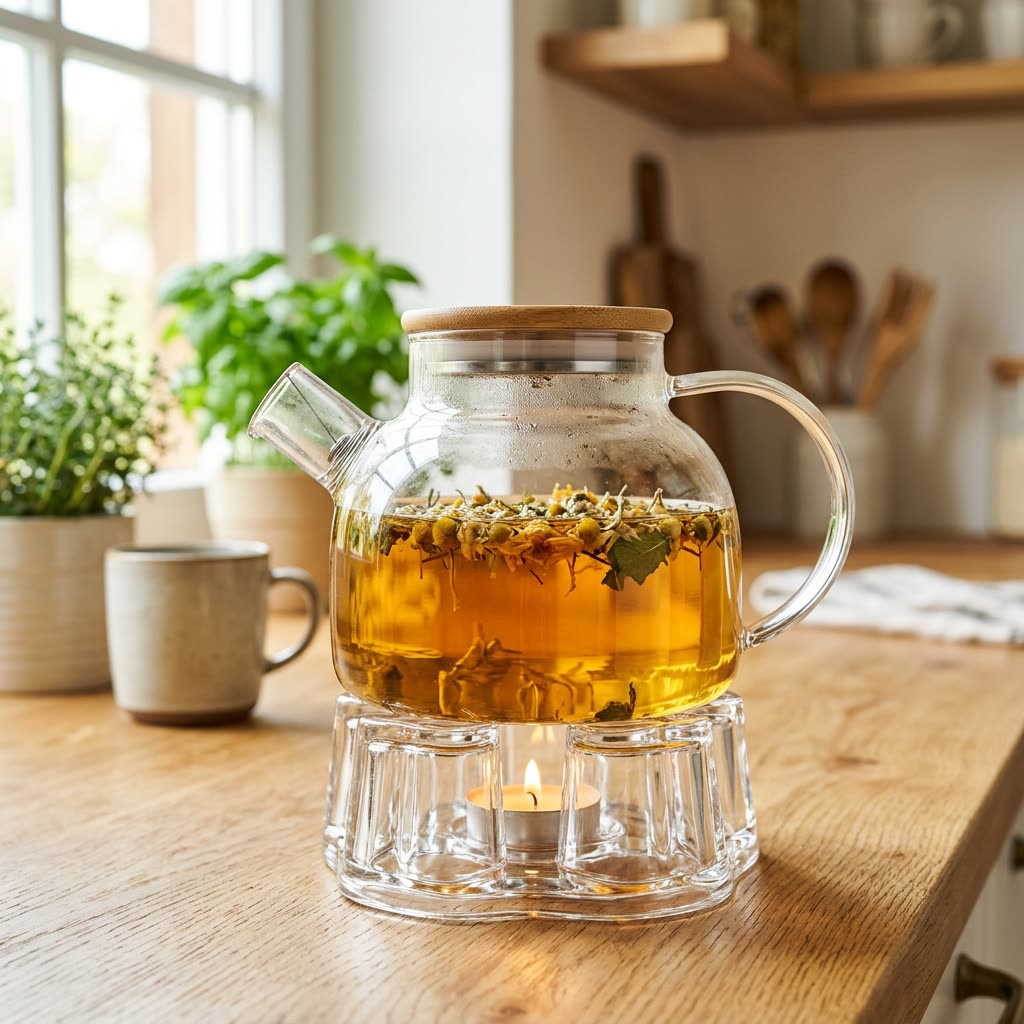 1000 ml. Borosilikat Cam Demlik (Bambu Kapak)