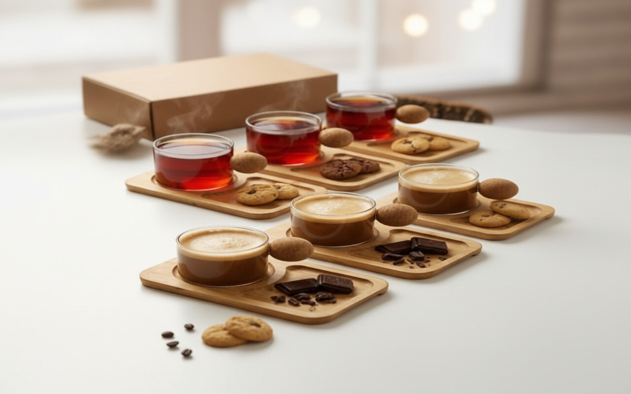 6’lı, Bambu Altlıklı, Mantar Kulplu, Borosilikat Bardak Set