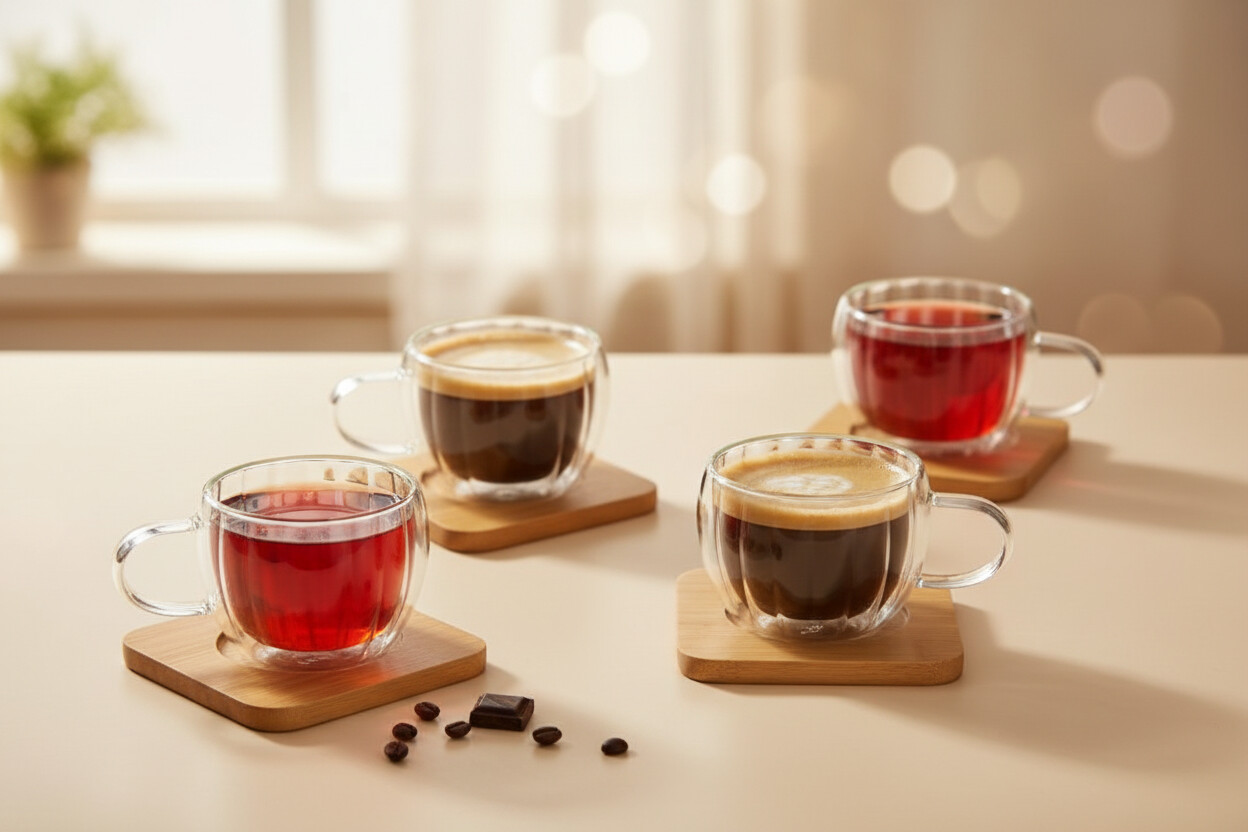 4’lü, Bambu Altlıklı, Tırtıklı Borosilikat Bardak Set 100 ml.