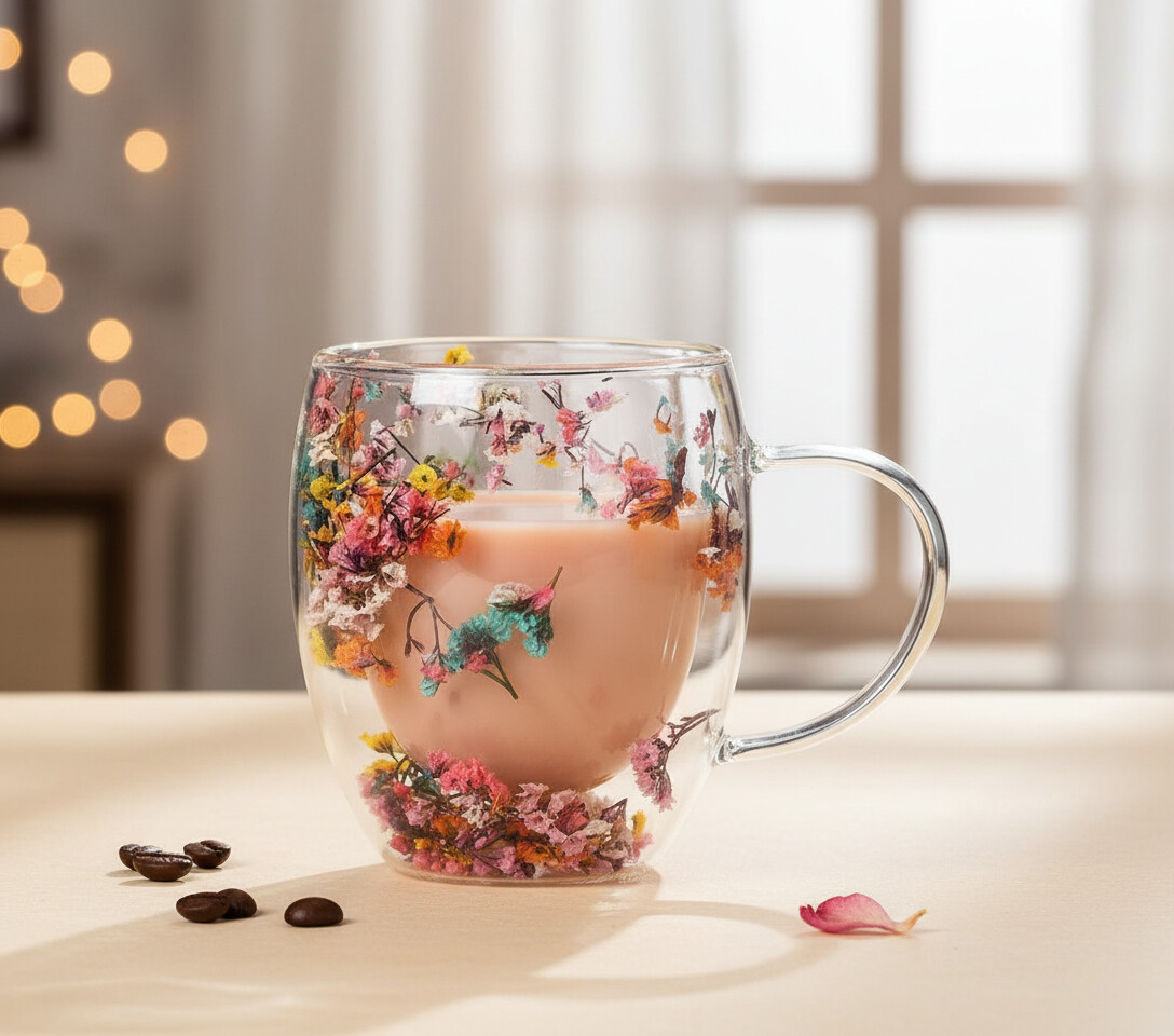 350 ml. Kulplu, Çiçekli Çift Cidar Borosilikat Bardak